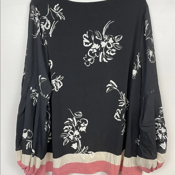 Alfani Womens Blouse Bishop-Sleeve V-Neck Floral Print Black Pink Stripe Plus 1X - Picture 2 of 2